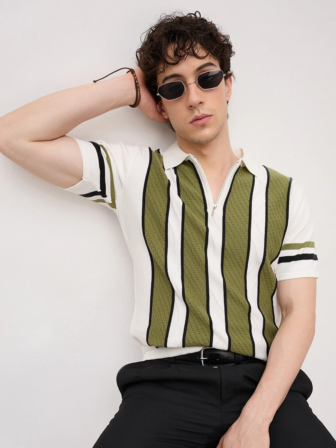White Artisian Panel Striped Polo Zip Flat Knit T-shirt