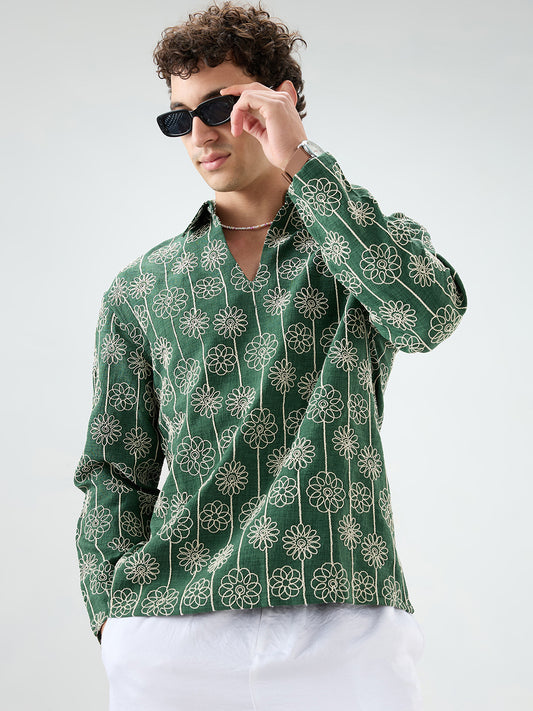 Green Floral Embroidered Oversized Polo Neck Shirt