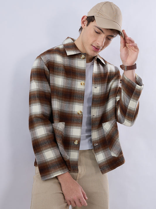 Brown & Beige Oversized Cropped Shacket