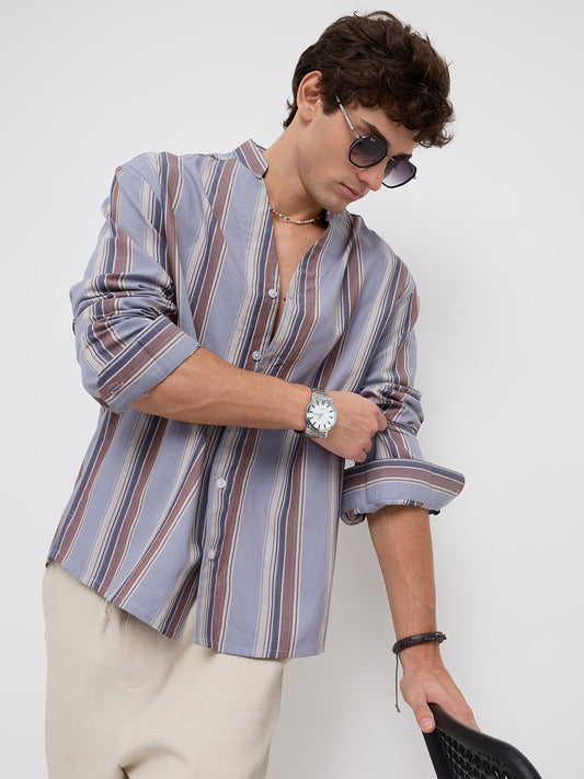 Blue & Brown Bold Stripes Stand Collar Oversized Shirt