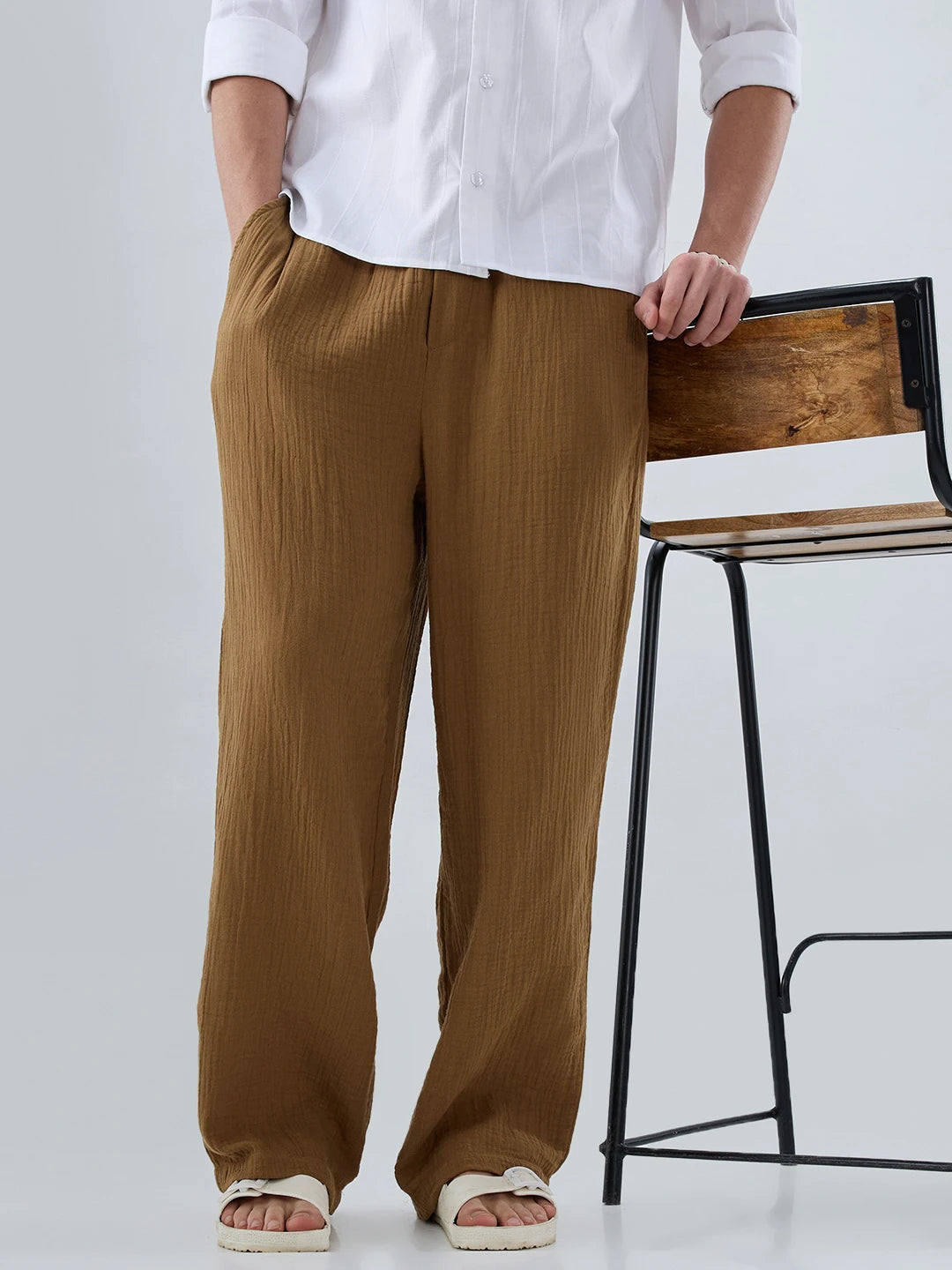 Sepia Brown Double Cloth Straight Fit Trousers