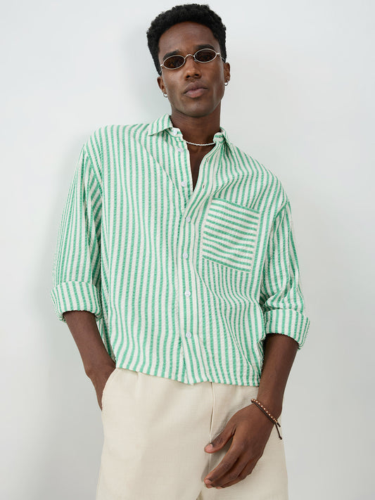 Spring Green Seersucker Candy Striped Boxy Fit Crop Shirt