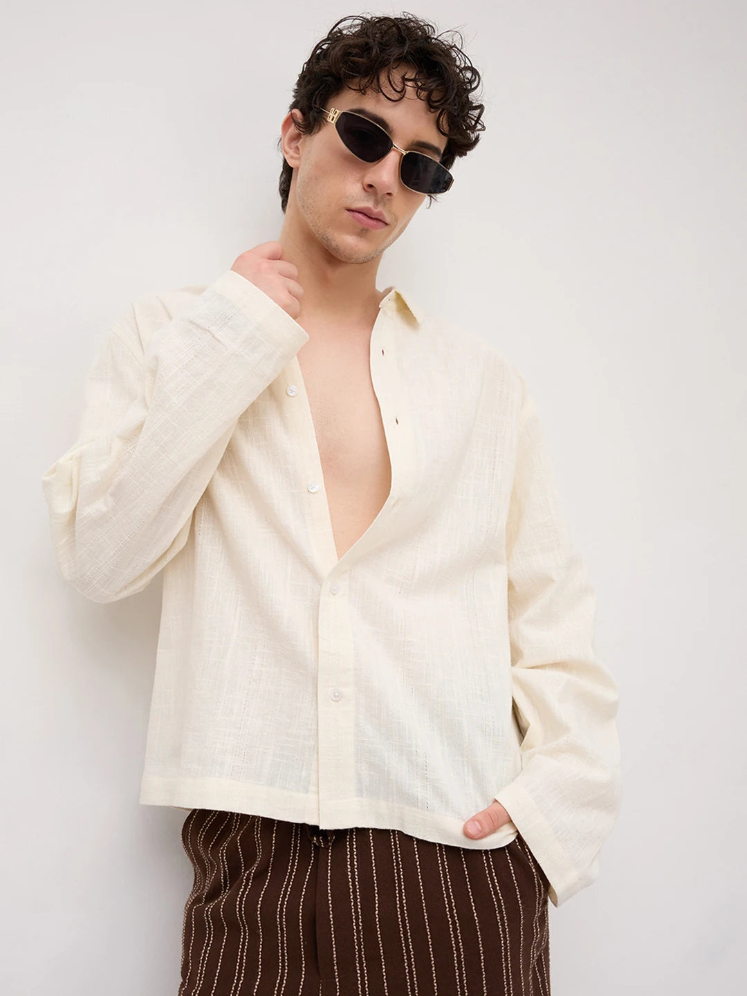 Ivory Sheer Striped Cuffless Oversized Shirt