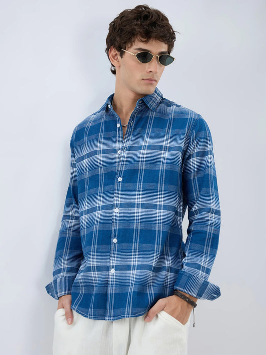 Denim Blue & White Horizontal Stripe Checked Shirt