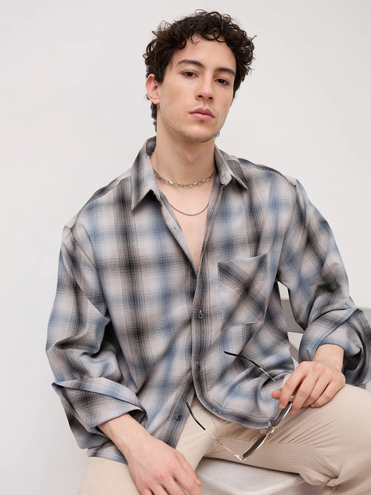 Luxe Grey Shadow Checks Cuffless Oversized Crop Shirt