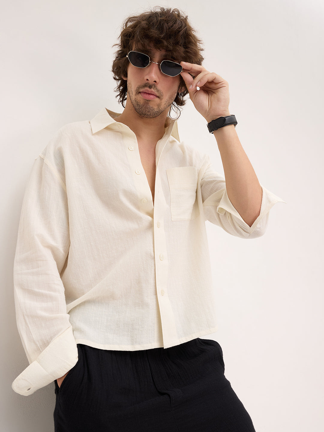 Spanish Cream Fine Striped Textured Boxy Fit Crop Shirt