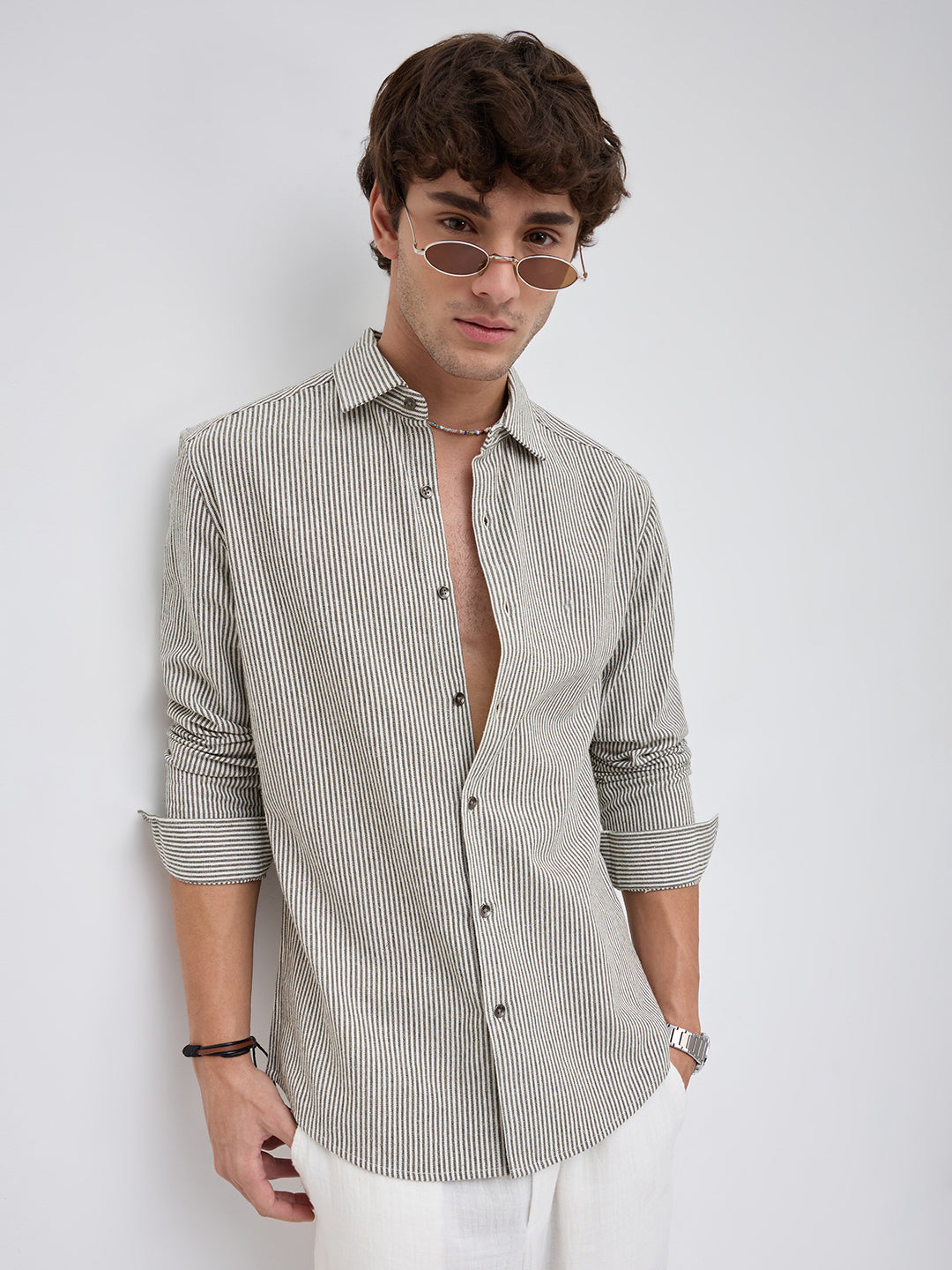 Olive & White Vertical Striped Relaxed Shirt