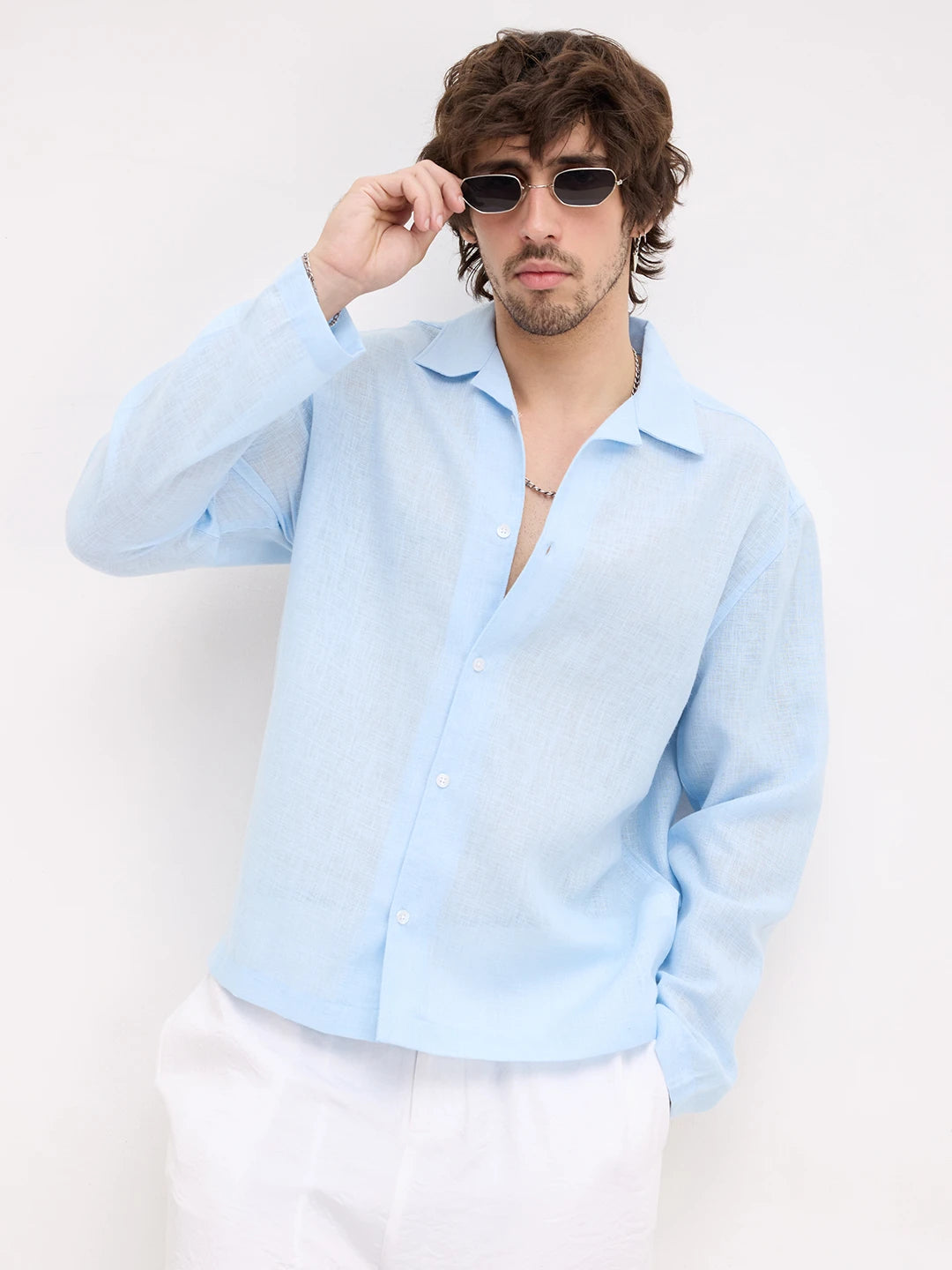 Iceberg Blue Sheer Textured Notch Collar Oversized Vacation Shirt