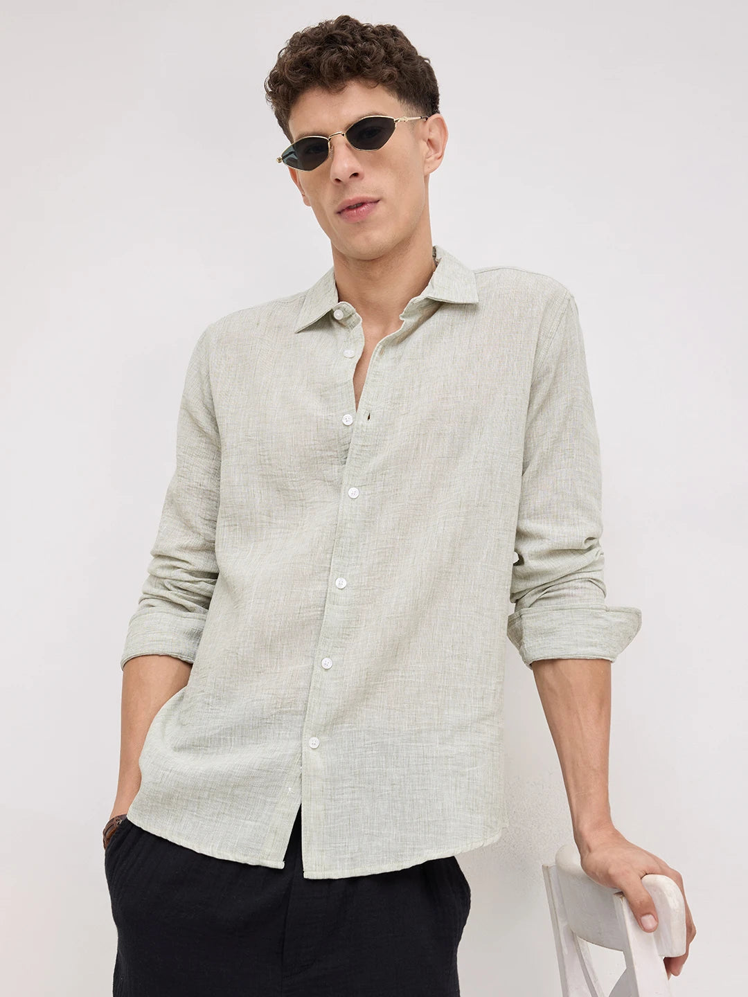 Moss Green Crinkled Textured Shirt