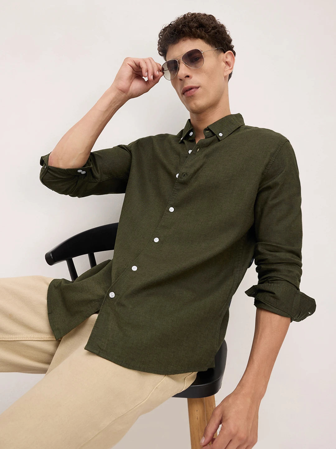 Forest Green Button-Down Collar Linen Blend Shirt