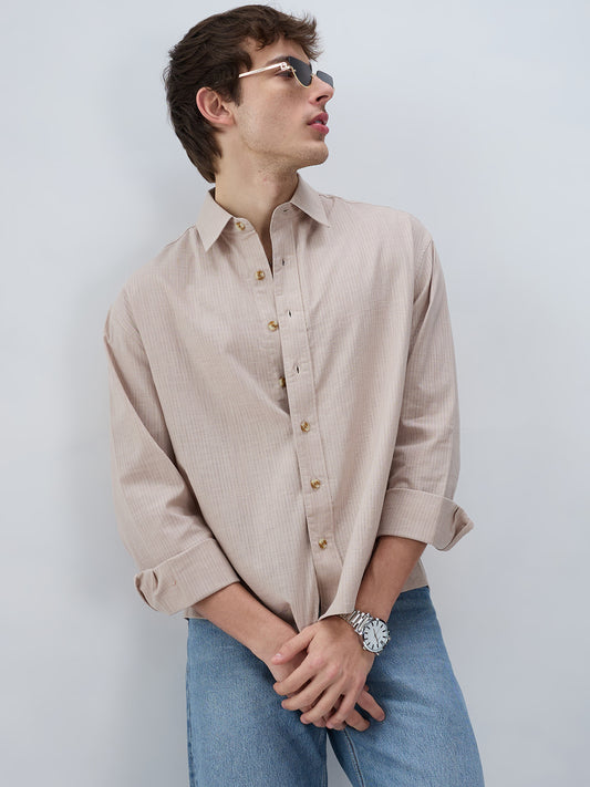 Neutral Beige Airy Slub Textured Boxy Fit Crop Shirt