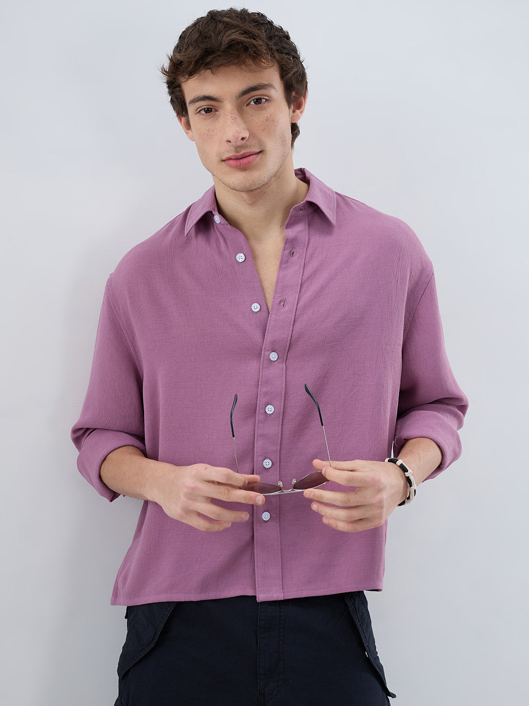 Dust Rose Blush Fine Grid Textured Boxy Fit Crop Shirt