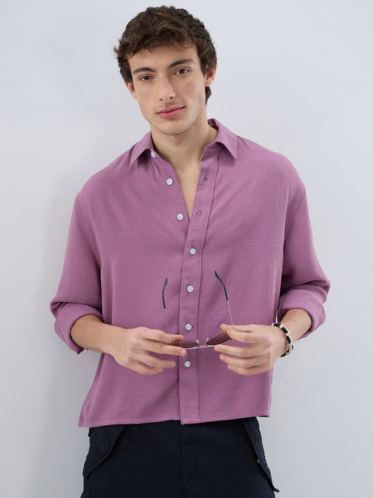 Dust Rose Blush Fine Grid Textured Boxy Fit Crop Shirt