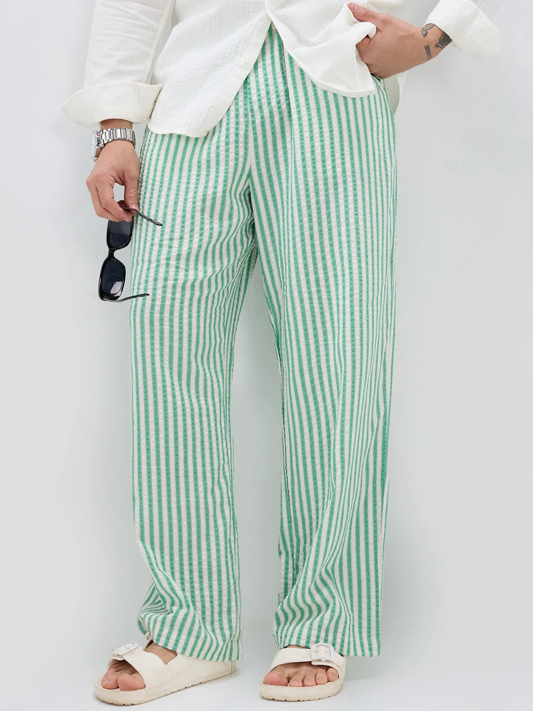 Jade Green Seersucker Candy Striped Straight Fit Trousers
