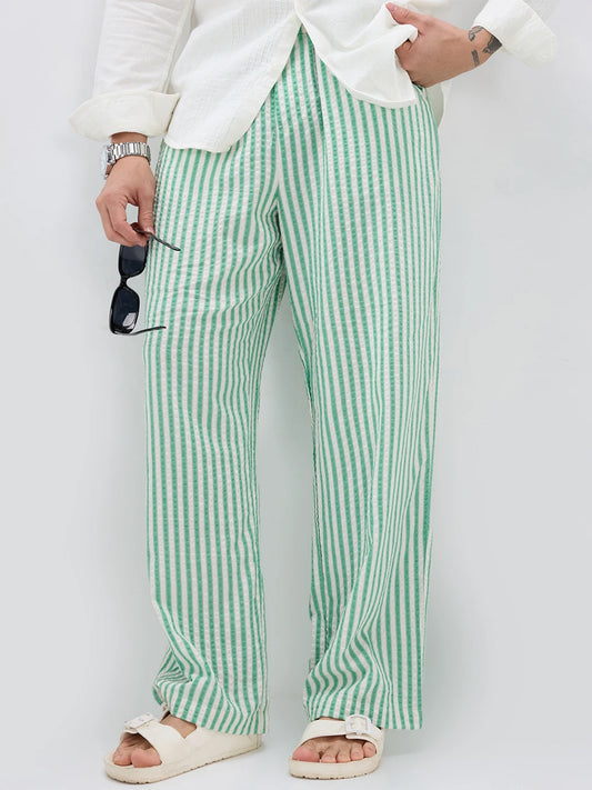 Jade Green Seersucker Candy Striped Straight Fit Trousers