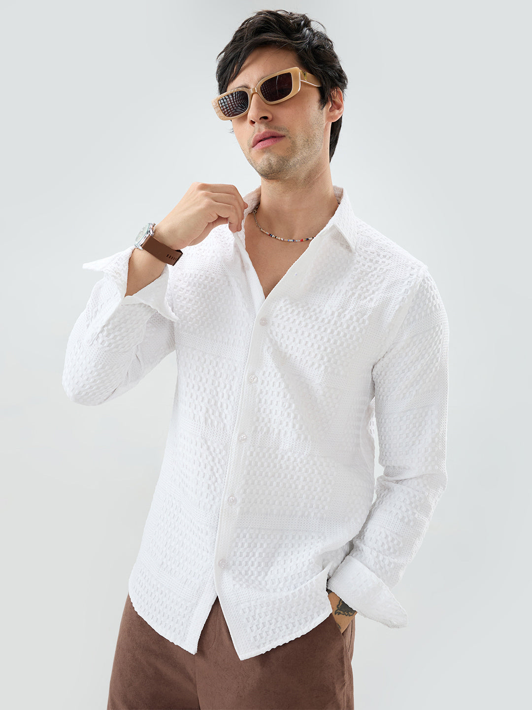 Snow White Geometric Grid Embossed Shirt