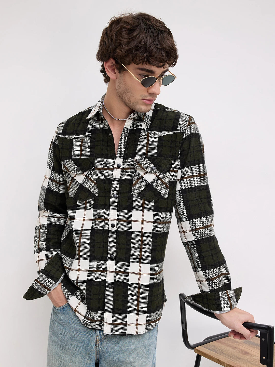Olive & White Herringbone Weave Checked Flannel Corduroy Shirt