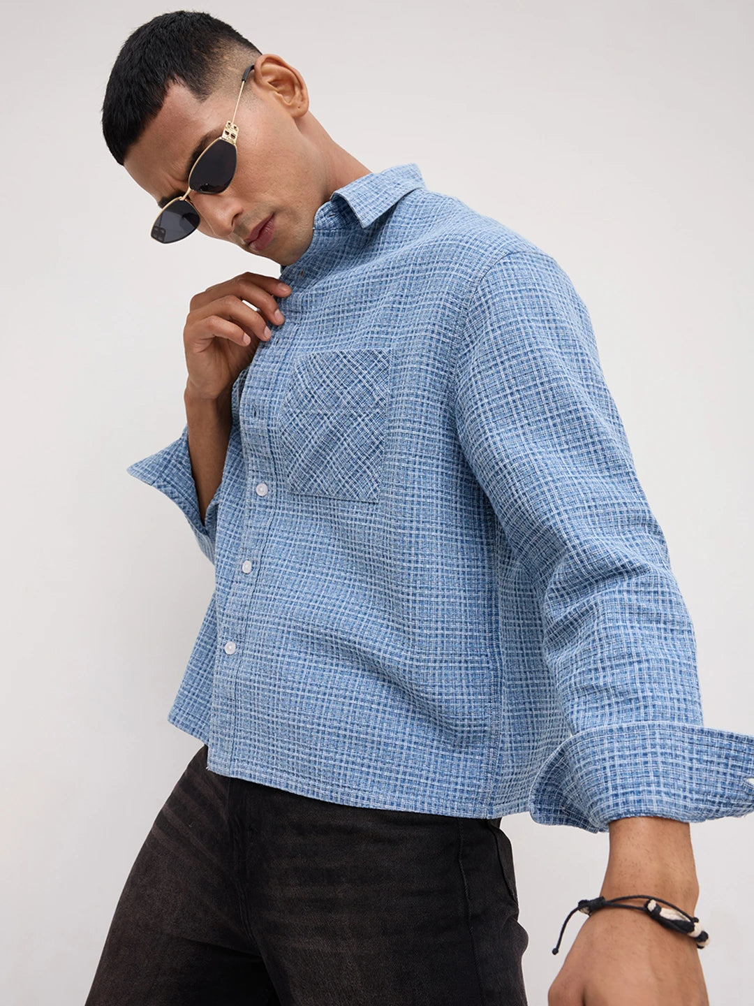 Abstract Denim Crosshatch Woven Boxy Fit Crop Shirt