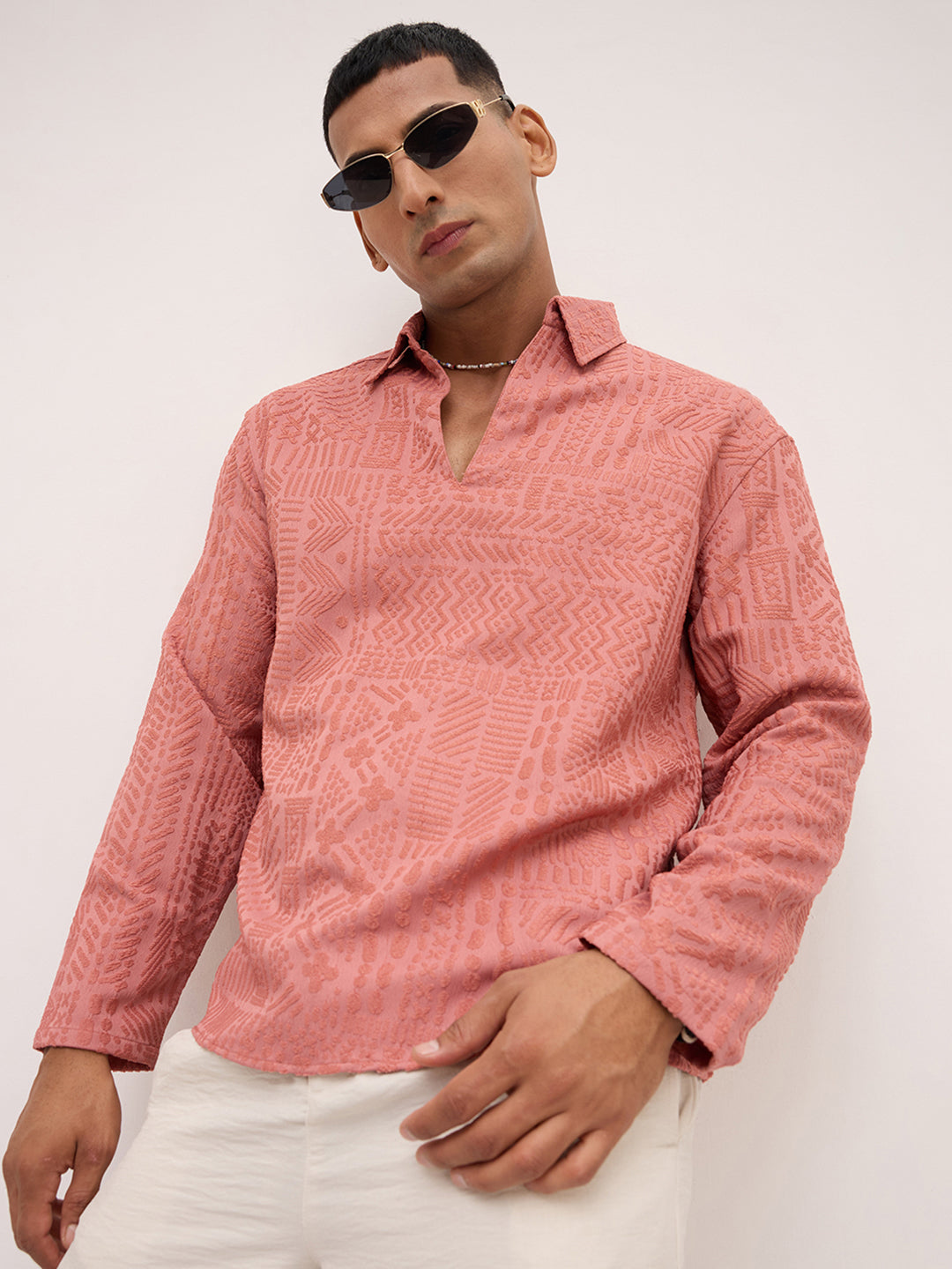 Intricate Soft Coral Textured Oversized Polo Neck Shirt