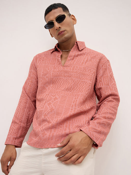 Intricate Soft Coral Textured Oversized Polo Neck Shirt
