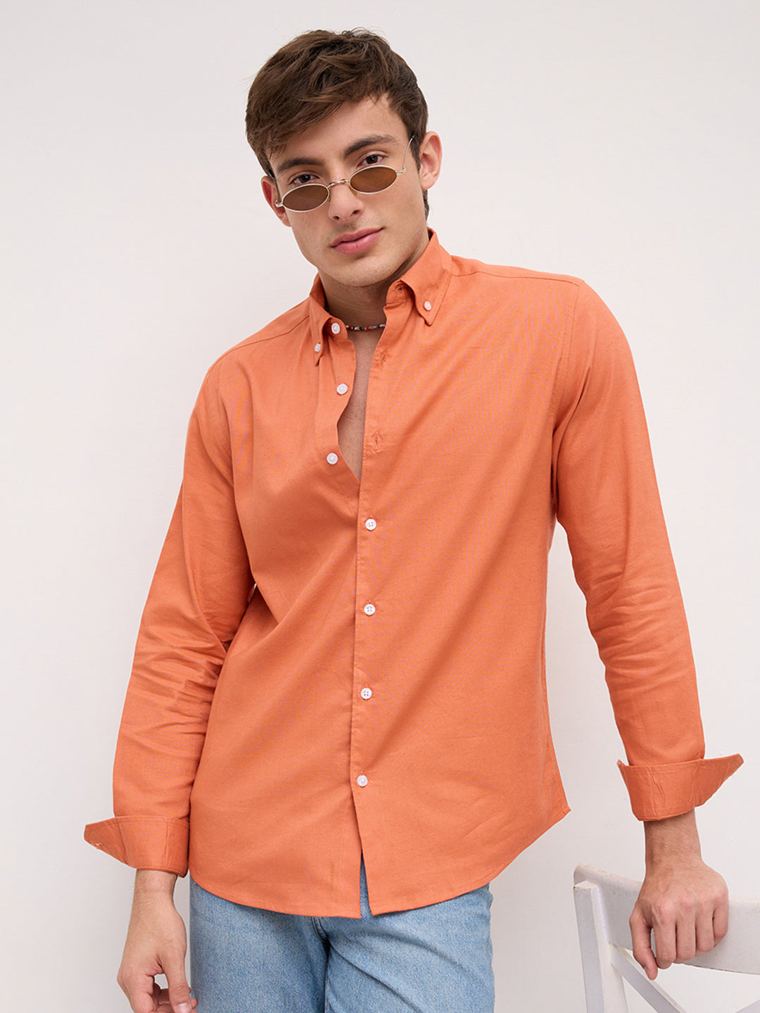 Firey Orange Oxford Linen Blend Button-Down Collar Shirt