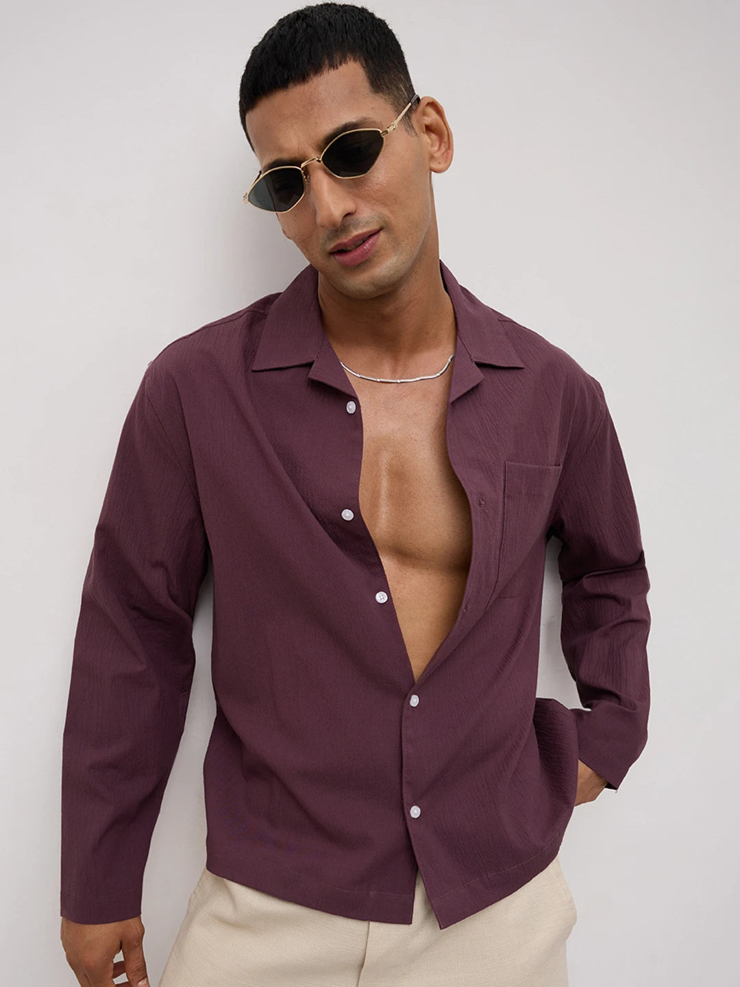 Purple Fine Textured Oversized Notch Collar Shirt