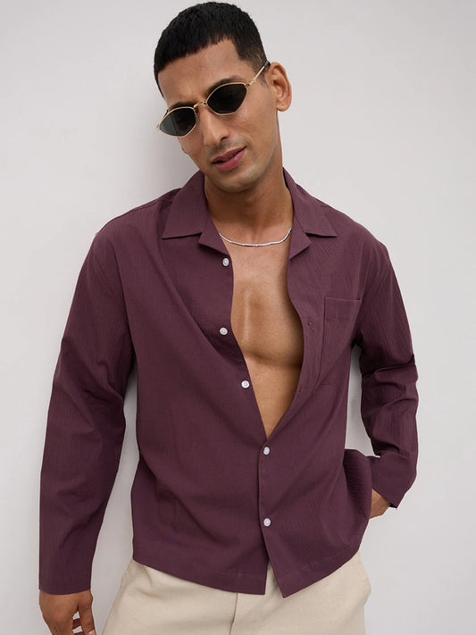 Purple Fine Textured Oversized Notch Collar Shirt
