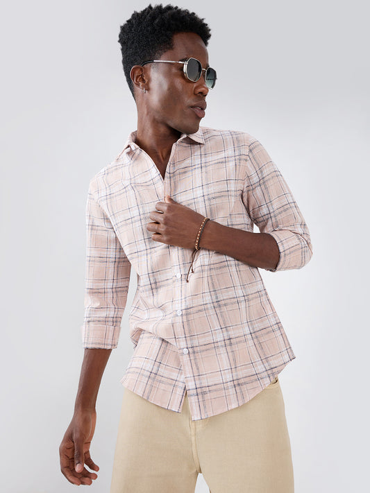 Dusty Pink Contrast Plaid Checks Textured Shirt