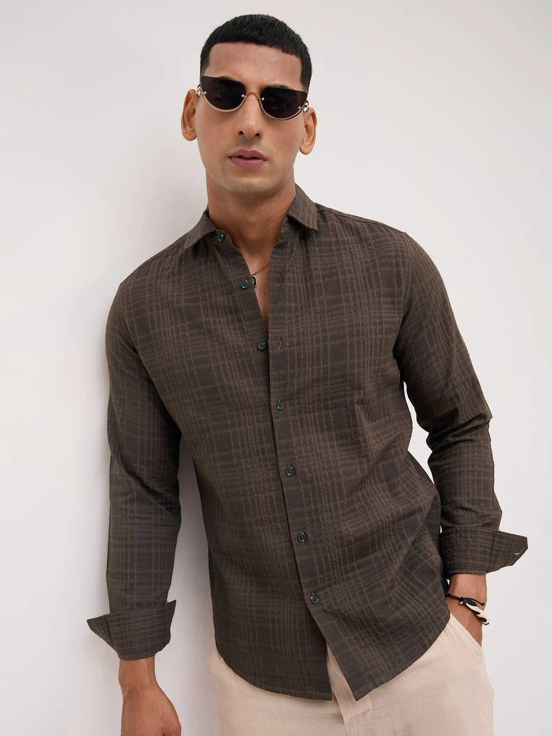 Coffee Brown Ledger Checks Double Cloth Shirt