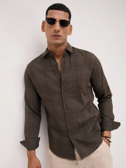 Coffee Brown Ledger Checks Double Cloth Shirt