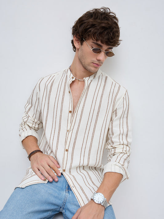 Off White & Brown Embroidered Striped Mandarin Shirt