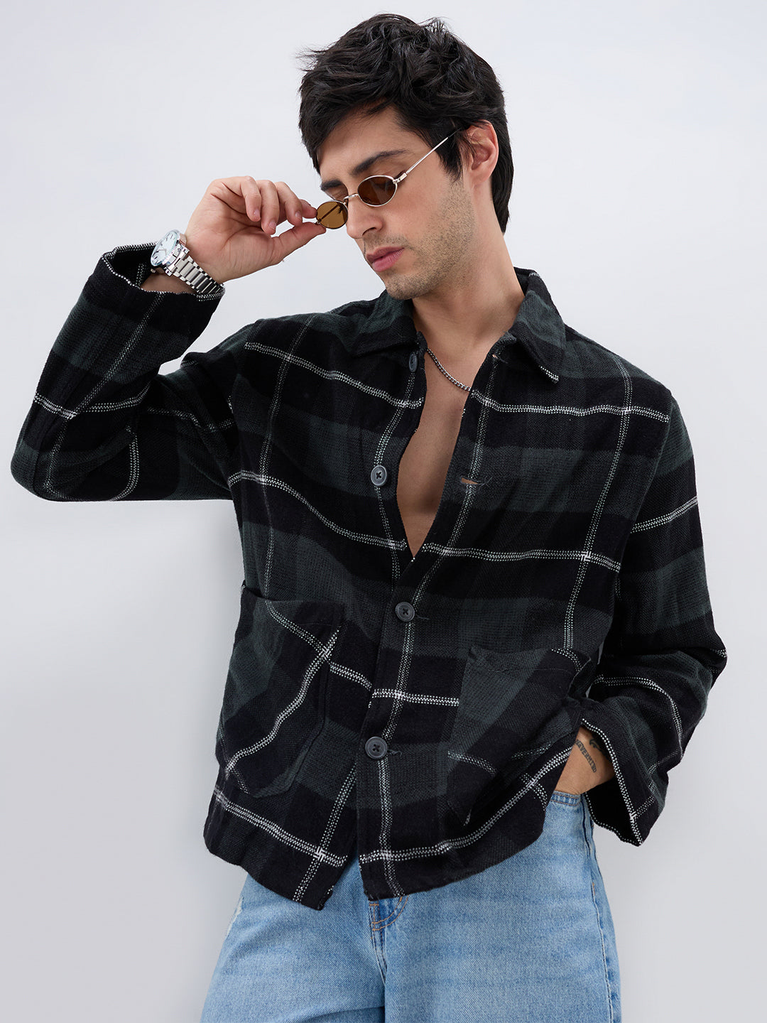 Black Flannel Plaid Checks Oversized Double Pocket Cropped Shacket