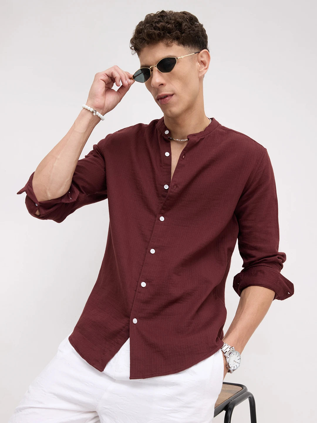Deep Rust Herringbone Textured Mandarin Shirt