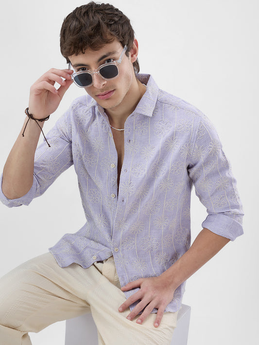 Soft Lilac Floral Embroidered Slub Shirt