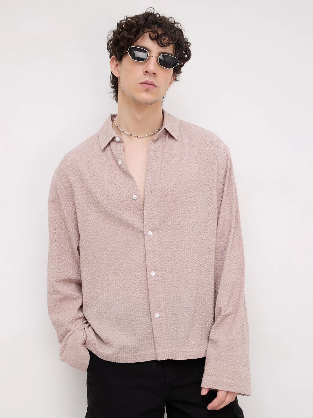 French Beige Seersucker Cuffless Oversized Crop Shirt