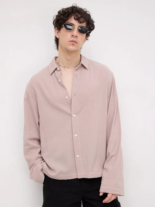 French Beige Seersucker Cuffless Oversized Crop Shirt