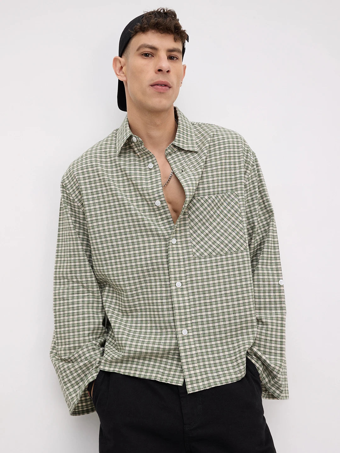 Moss Green & Ivory Cuffless Oversized Crop Shirt