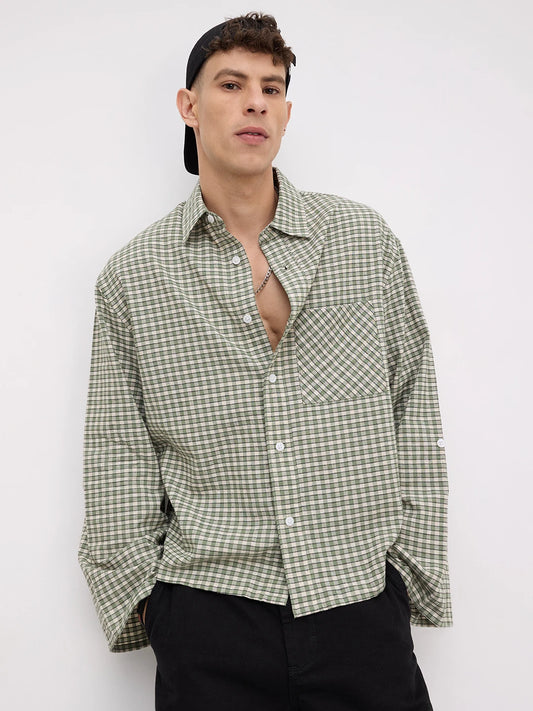 Moss Green & Ivory Cuffless Oversized Crop Shirt