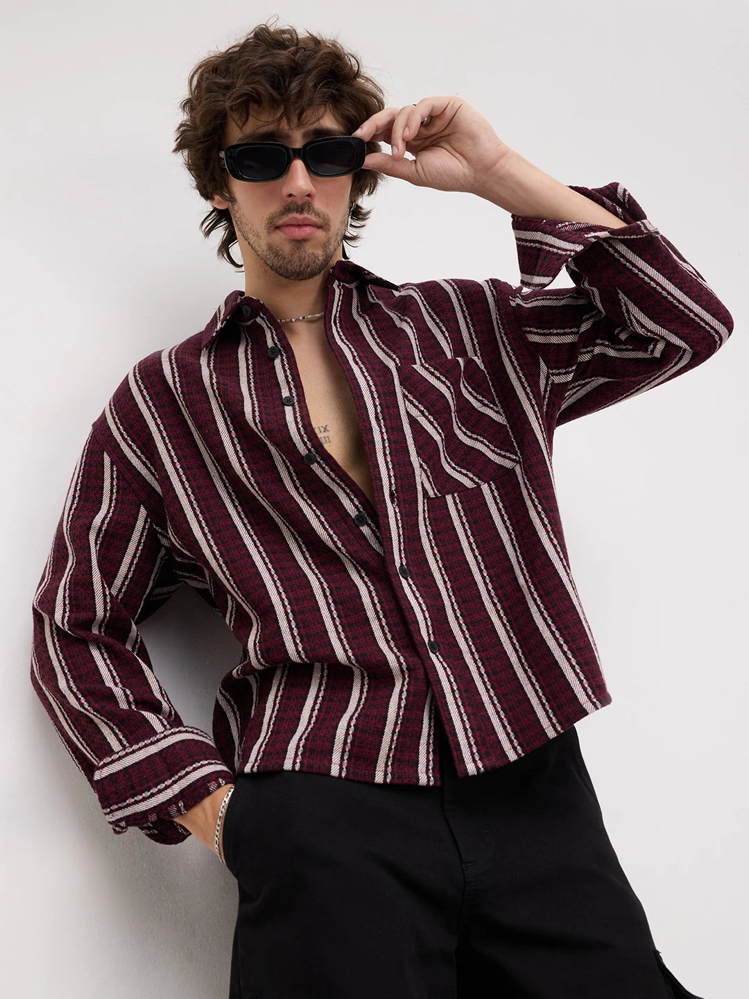 Maroon Contrast Striped Wintercrest Flannel Boxy Fit Crop Shirt