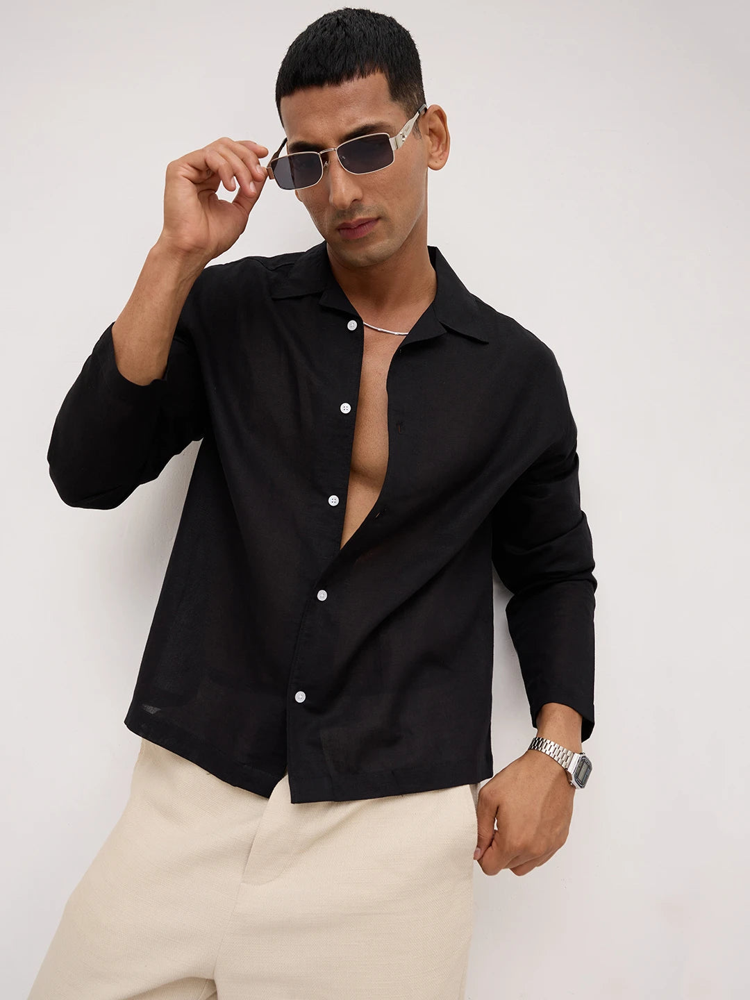 Luxe Black Linen Blend Notch Collar Oversized Shirt