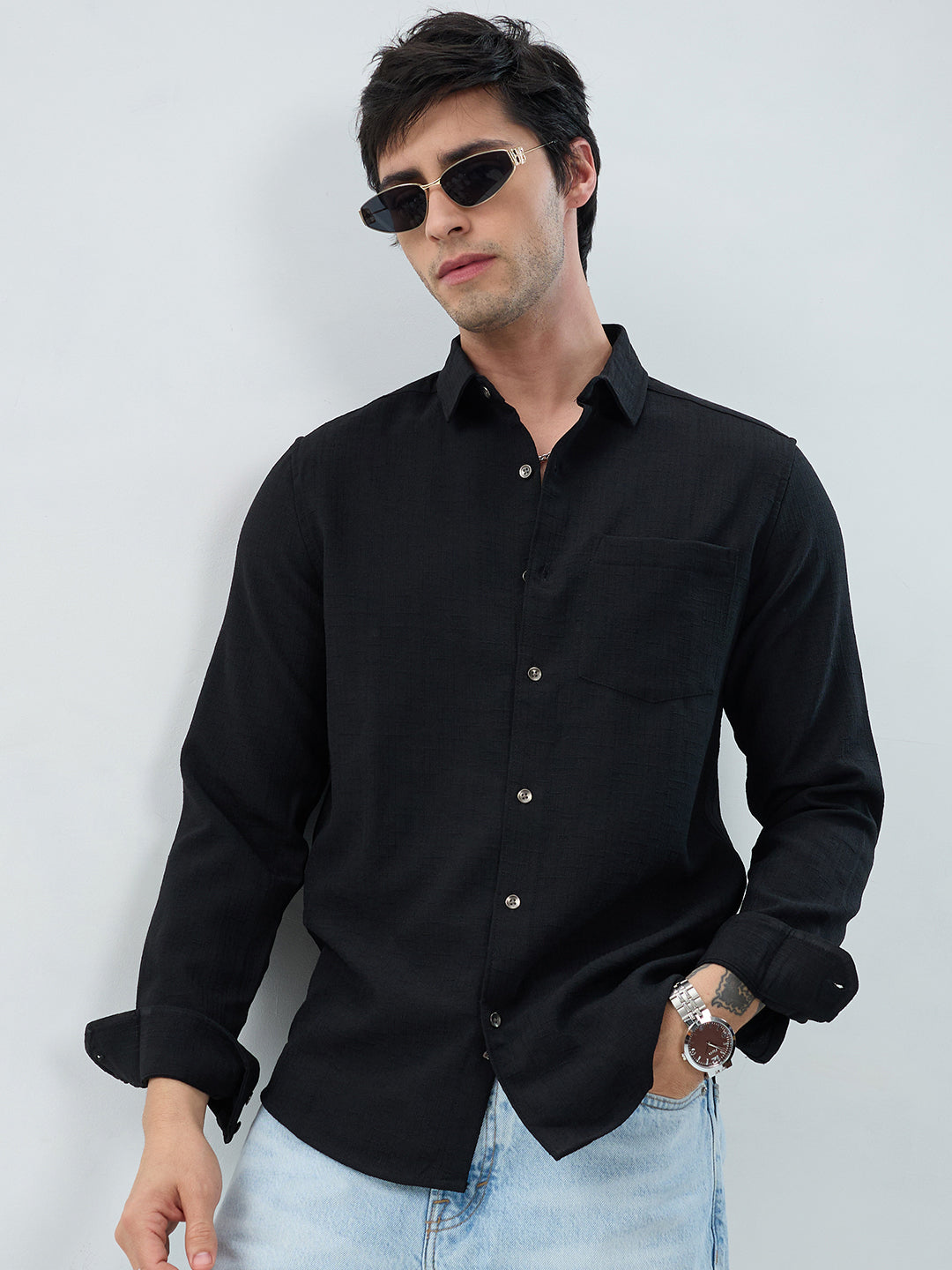 Black Slub Textured Shirt