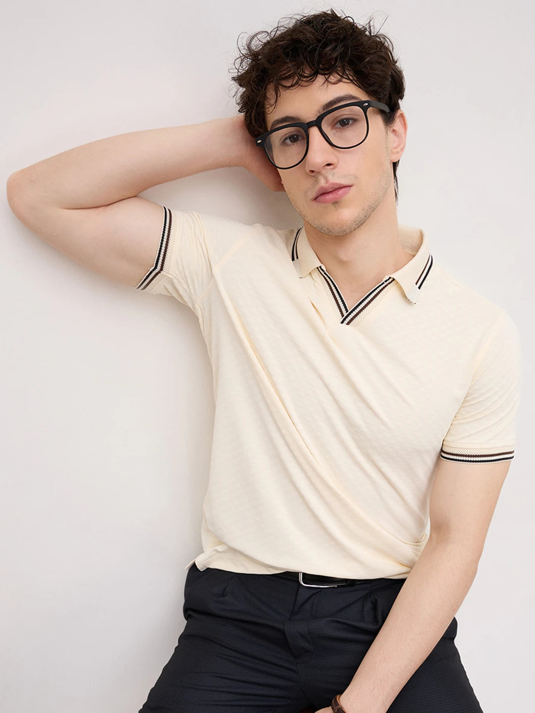 Ivory Contrast Stripe Textured Polo Tee