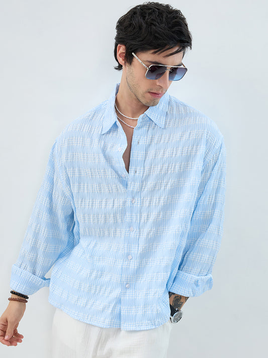 Blue & White Seersucker Gingham Checks Boxy Fit Crop Shirt