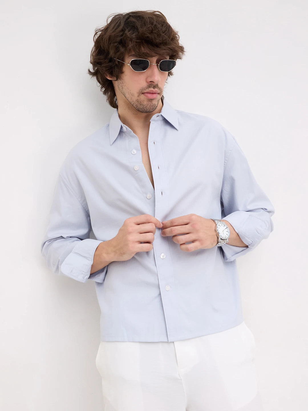 Ice Blue Herringbone Textured Boxy Fit Crop Shirt