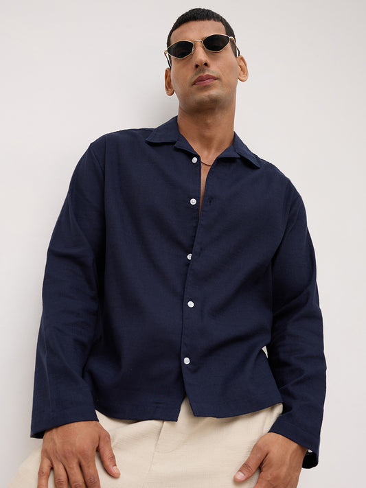 Elite Navy Slub Textured Oversized Notch Collar Shirt
