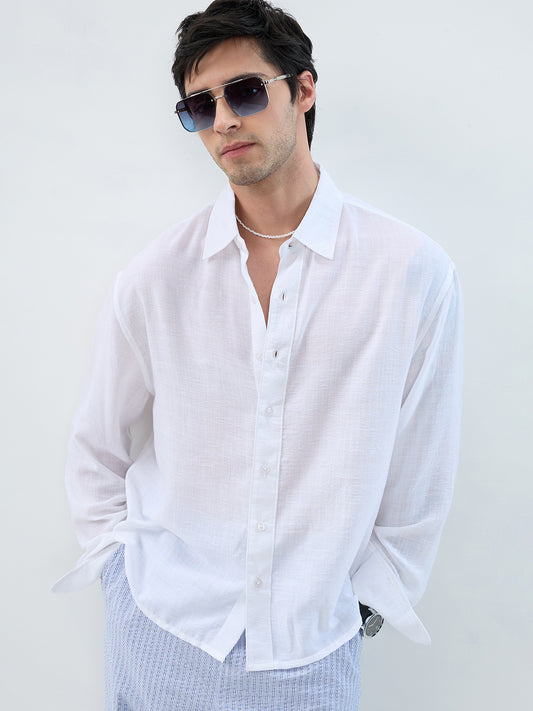 Elegant Pearl White Sheer-Weave Boxy Fit Crop Shirt