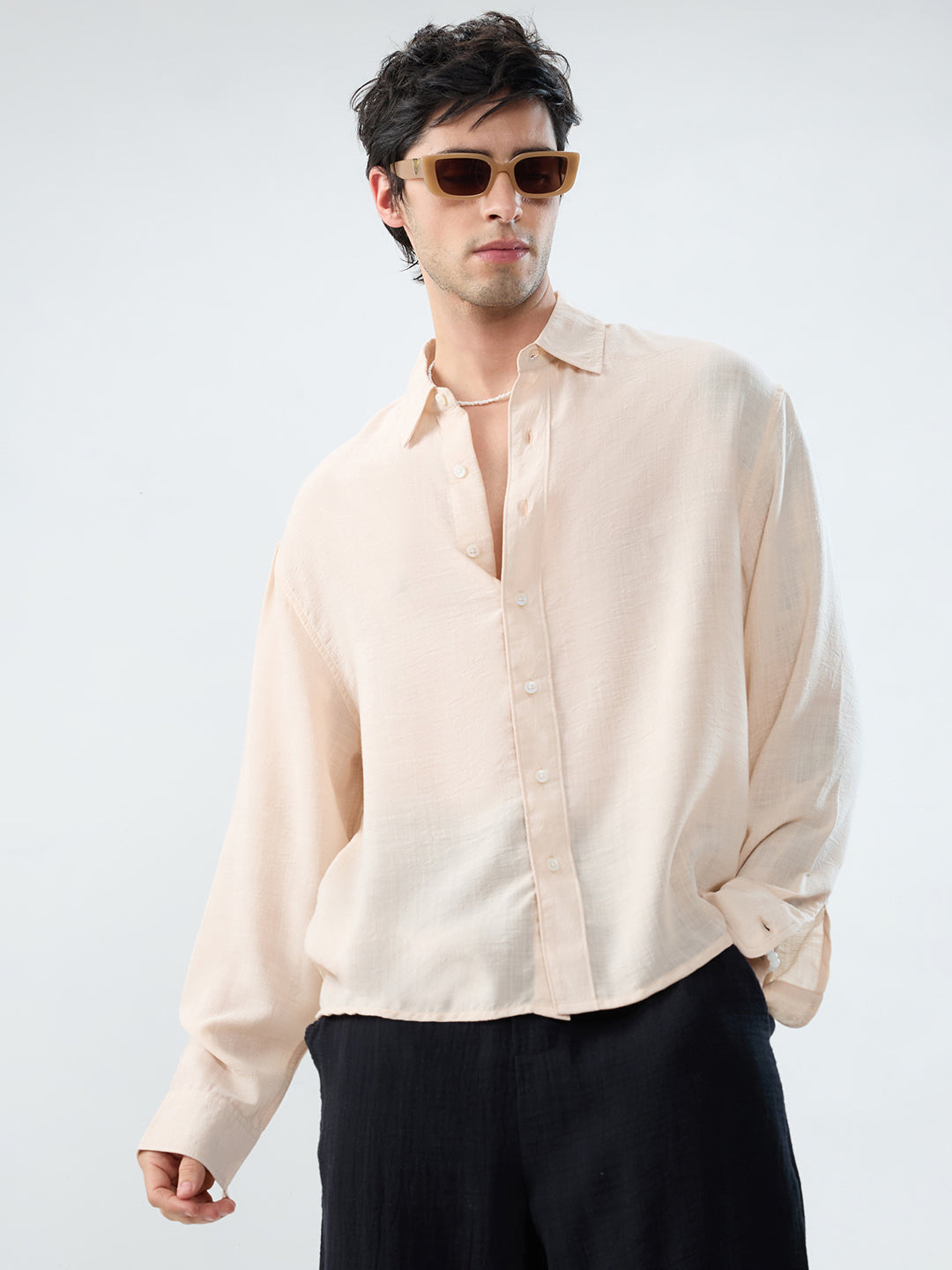 Pearl Cream Soft Sheer Slub Textured Shirt