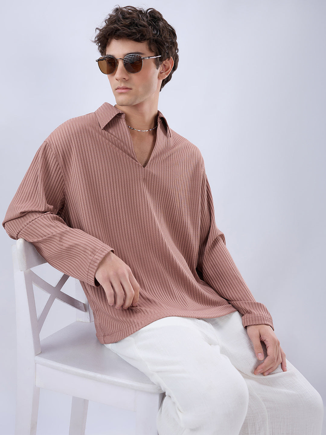 Warm Peach Dual Weave Striped Oversized Polo Knit Shirt