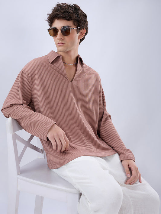 Warm Peach Dual Weave Striped Oversized Polo Knit Shirt