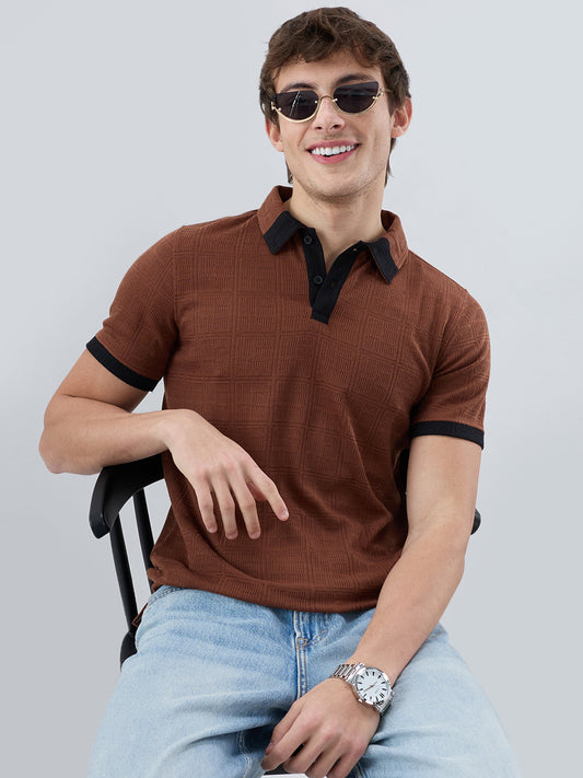 Brown Contrast Polo Neck Knit T-shirt